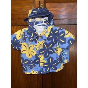 Babyworks 3pc Tropical Hibiscus Shirt Shorts Hat Set Blue Yellow 0-3 Months